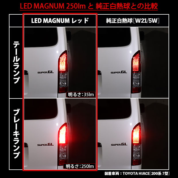 【即納】【メール便可】トヨタ ハイエース［200系 7型］対応 テール＆ストップランプ用 T20d LED MAGNUM 250lm/35lm  ウェッジダブル LEDカラー：レッド 無極性 1セット2個入-LED専門店　ピカキュウ 本店